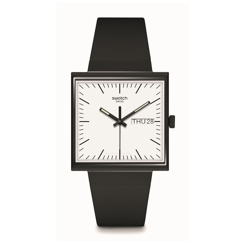 Swatch What If…Black? White Square Dial Black Biosourced Black Strap Watch
