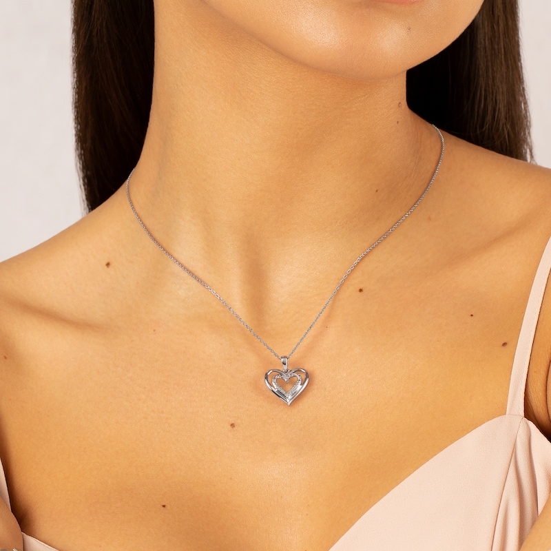 Sterling Silver Double Heart Diamond Pendant Necklace