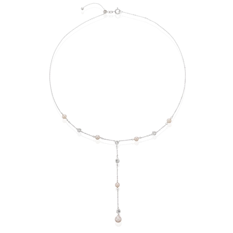 Sterling Silver CZ & Freshwater Pearl Station Drop Necklace