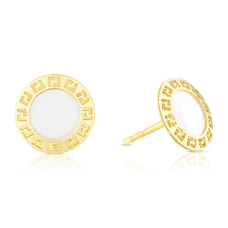 9ct Yellow Gold Mother Of Pearl Green Key Disc Stud Earrings