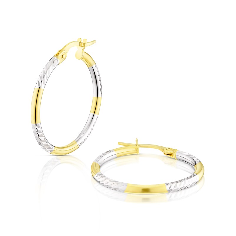 Main Image 1 of 9ct Two Colour Gold Diamond Cut Medium Hoop Earrings