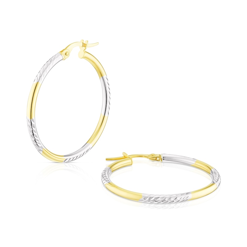 9ct Two Colour Gold Diamond Cut Large Hoop Earrings
