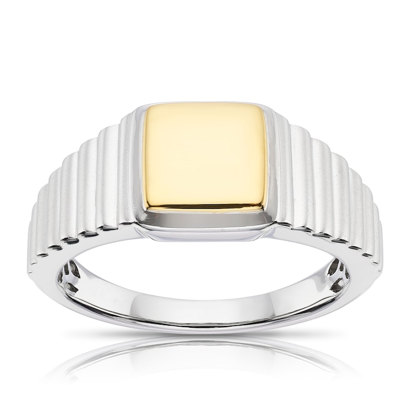 Main Image 1 of Men's Sterling Silver & 18ct Gold Plated Two Tone Textured Signet Ring