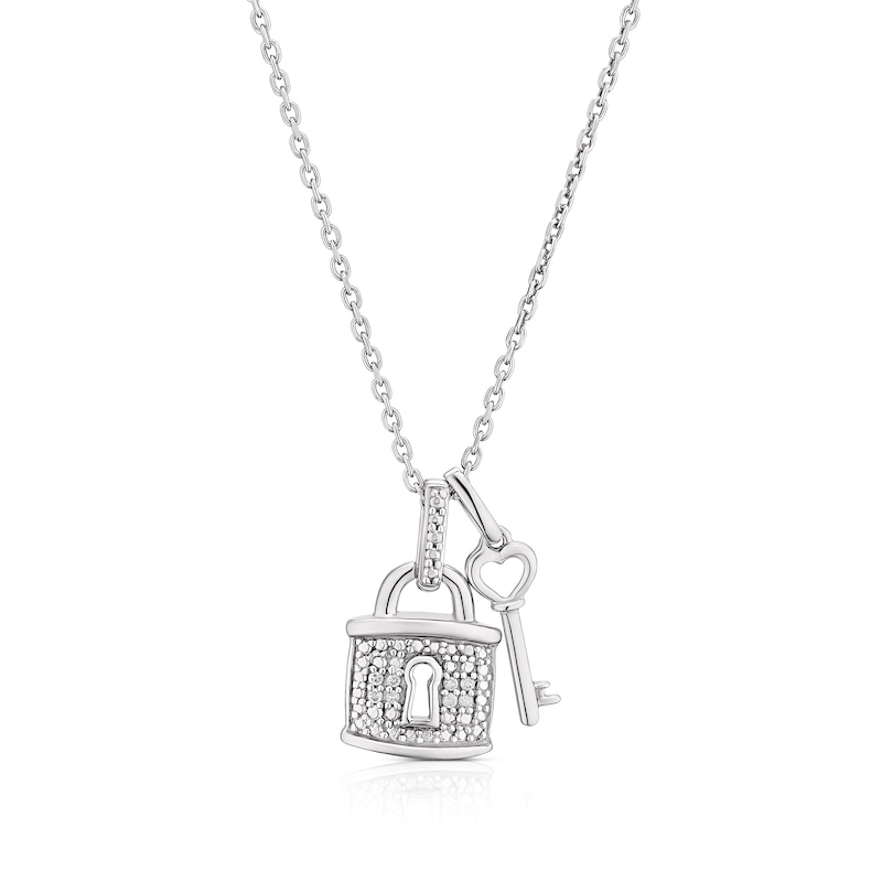 Main Image 1 of Sterling Silver Diamond Padlock and Key Pendant Necklace