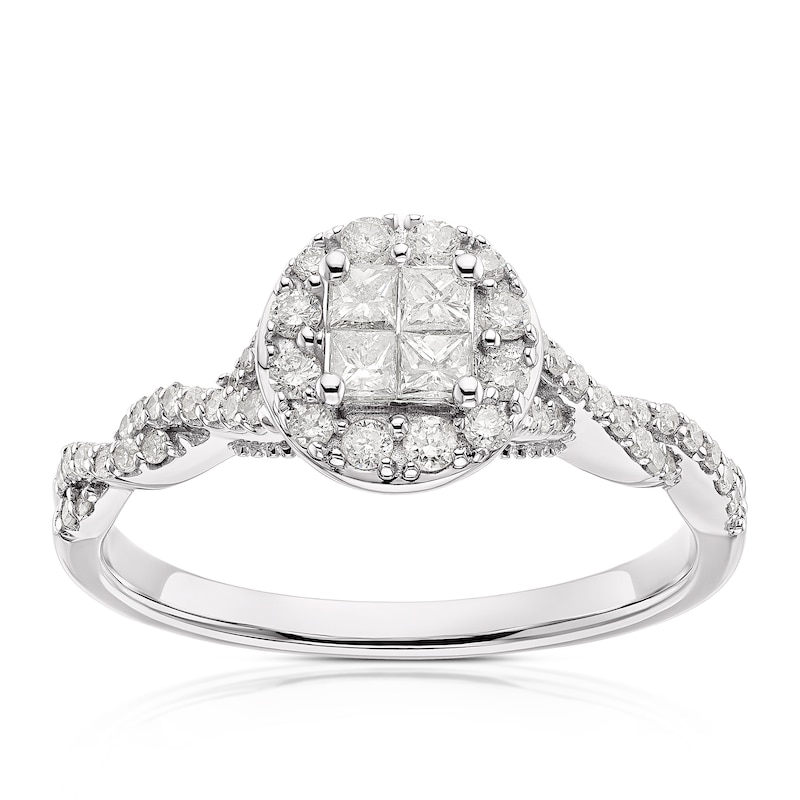 Main Image 1 of 9ct White Gold 0.40ct Diamond Twist Shoulder Cluster Ring