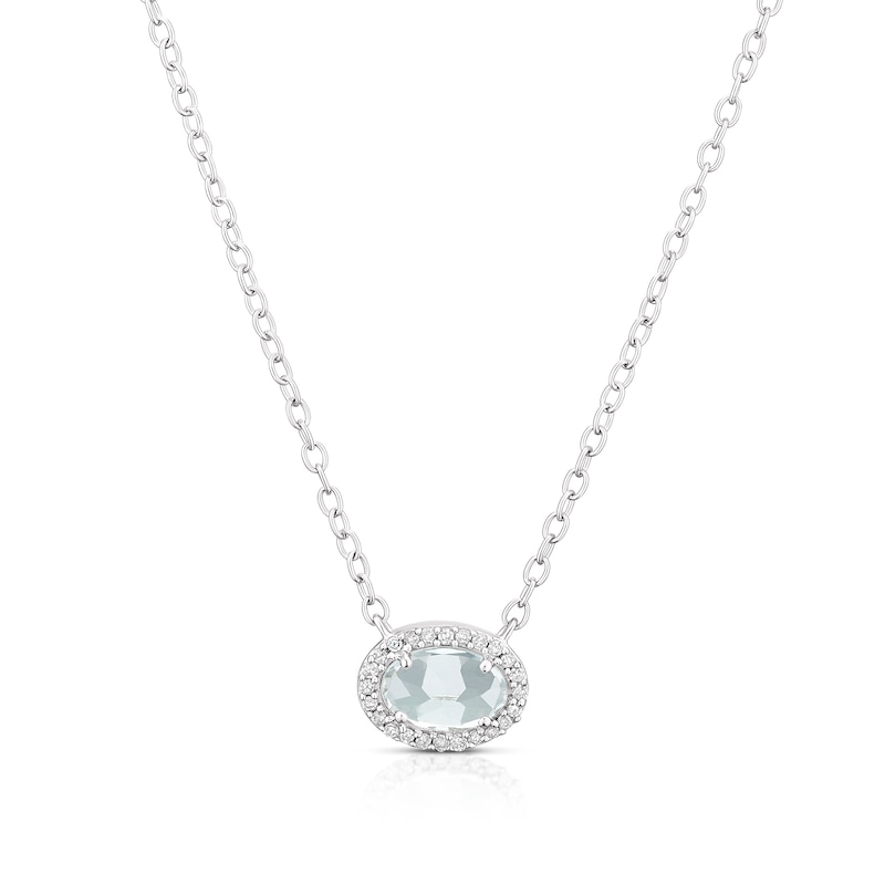 Sterling Silver Oval Aquamarine & Diamond Halo Pendant Necklace