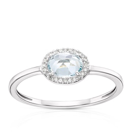 Sterling Silver Oval Aquamarine & Diamond Halo Ring