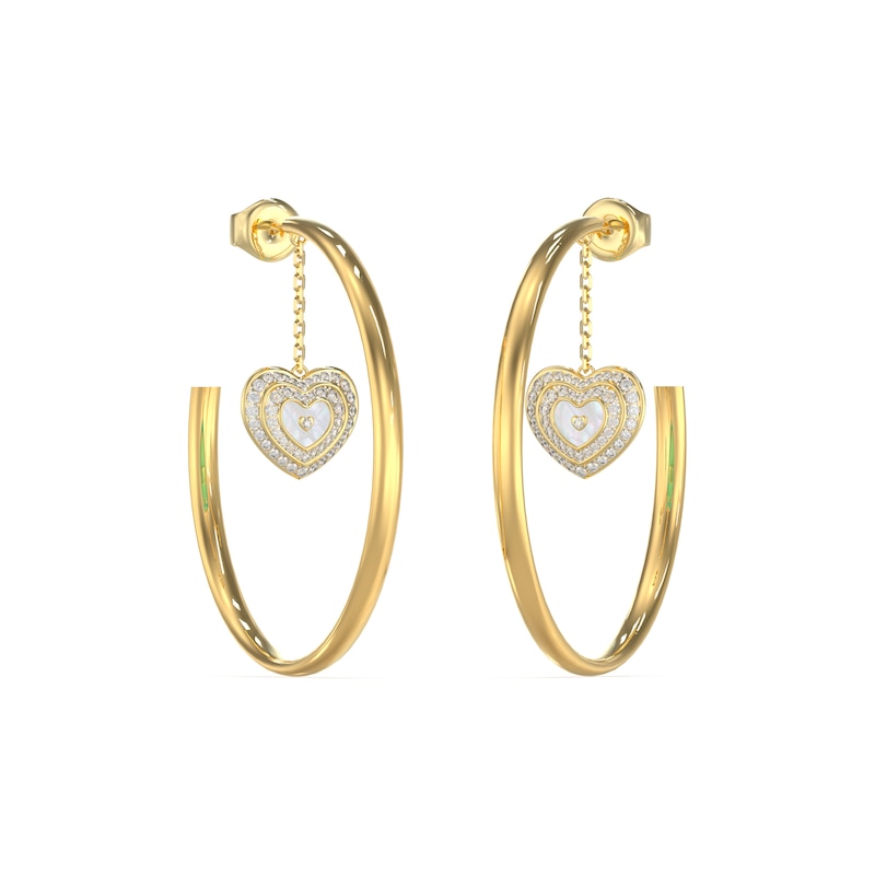 Guess Gold Tone MOP & Crystal Heart Drop 50mm Hoop Earrings