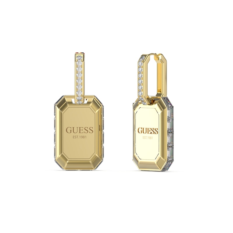 Guess Gold Tone Crystal Logo Charm 25mm Huggie Drop Earrings