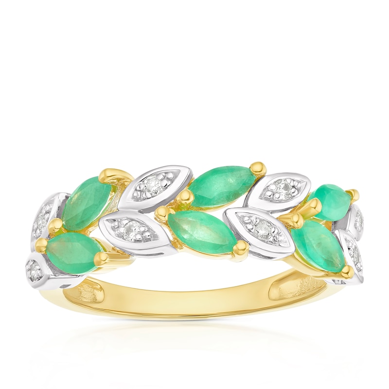 Main Image 1 of 9ct Yellow Gold Emerald & Diamond Leaf Eternity Ring