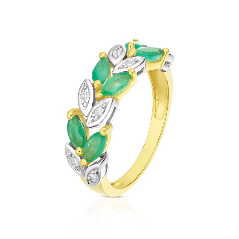 Main Image 2 of 9ct Yellow Gold Emerald & Diamond Leaf Eternity Ring