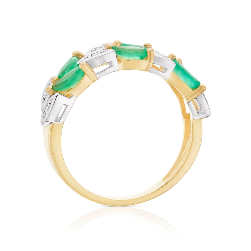 Main Image 3 of 9ct Yellow Gold Emerald & Diamond Leaf Eternity Ring