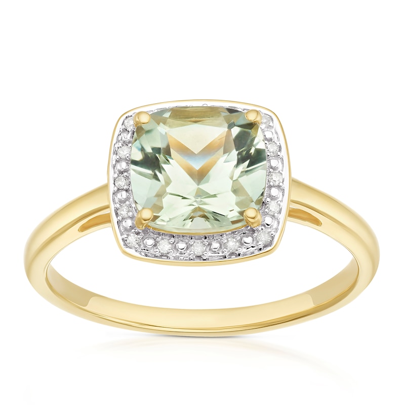 Main Image 1 of 9ct Yellow Gold Green Amethyst & Diamond Halo Ring