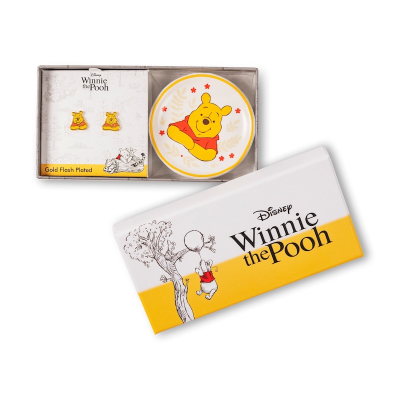 Gold Tone Winnie The Pooh Stud Earring & Trinket Set
