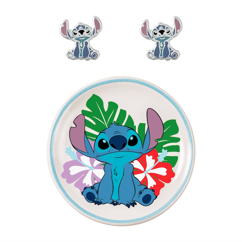 Silver Tone Disney Stitch Stud Earrings & Trinket Set