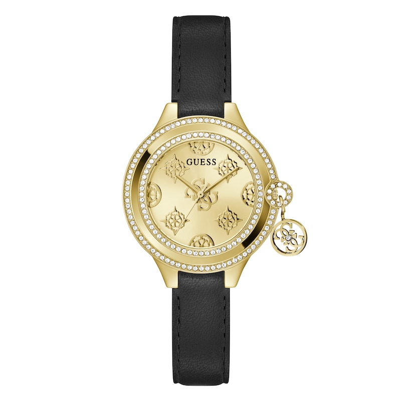 Main Image 1 of Guess Ladies' Gold Tone Logo Detail Dial Black Leather Strap Watch