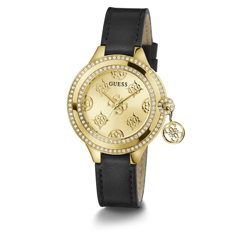 Main Image 5 of Guess Ladies' Gold Tone Logo Detail Dial Black Leather Strap Watch