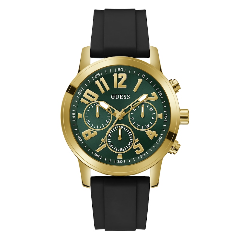Guess Men's Green Chronograph Dial Black Leather Strap Watch