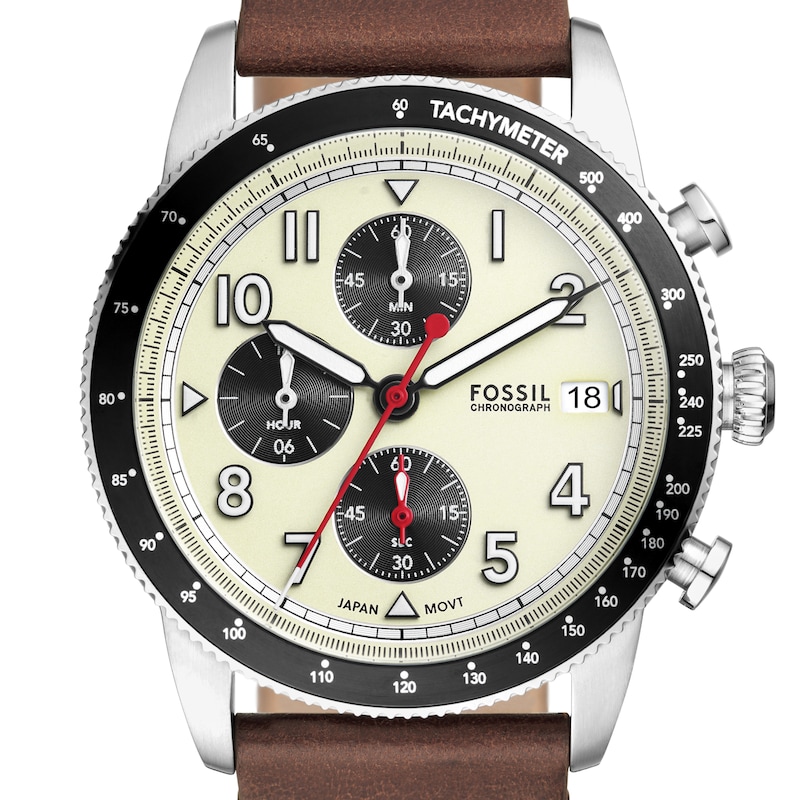 Fossil Sport Tourer Men's Cream Chronograph Dial Brown Leather Strap Watch