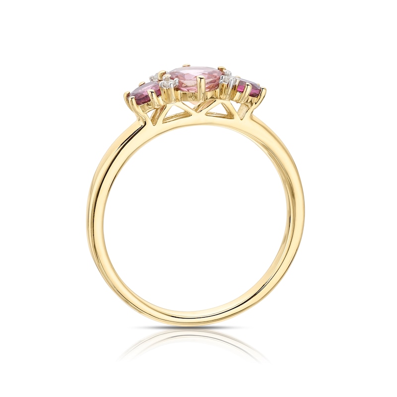 Main Image 3 of 9ct Yellow Gold Willa Tourmaline, Rhodolite Garnet & Diamond Trilogy Ring