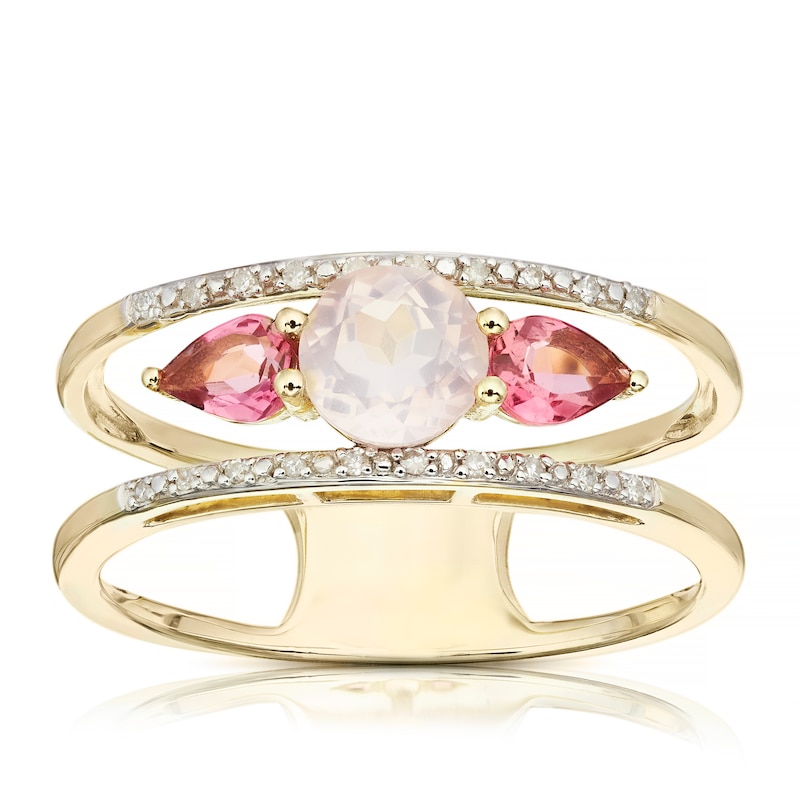 Main Image 1 of 9ct Yellow Gold Cara Diamond, Quartz & Tourmaline Wide Ring