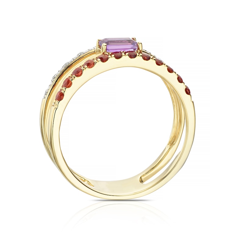 Main Image 3 of 9ct Yellow Gold Lucy Amethyst, Garnet & Diamond Open Ring