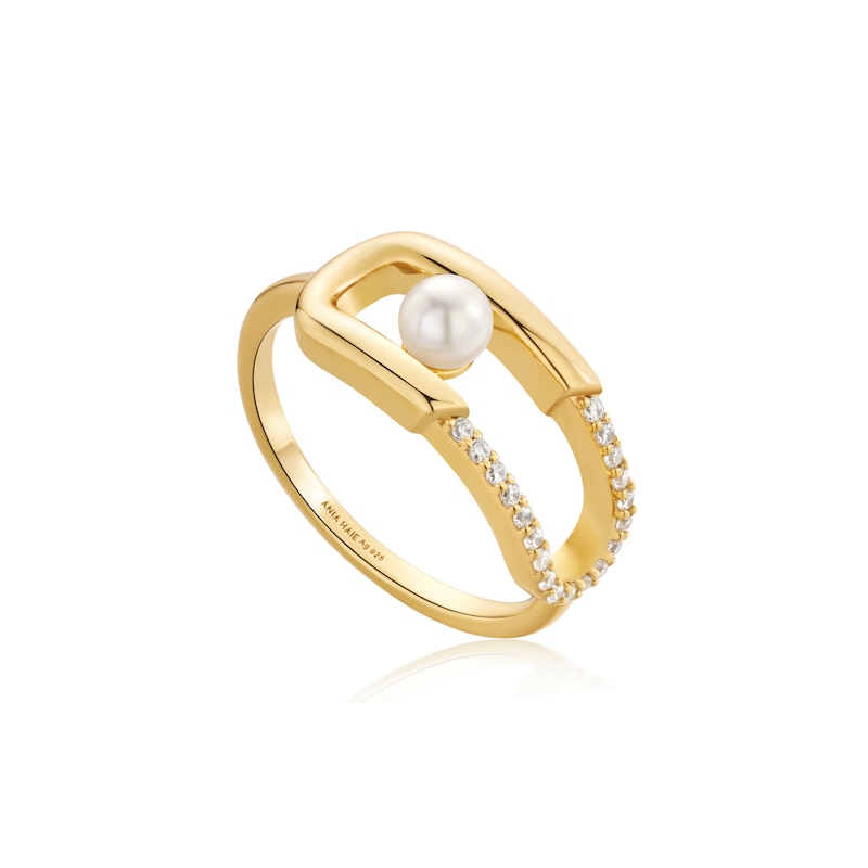 Main Image 1 of Anie Haie 14ct Gold Plated Pearl Sparkle Interlock Ring - Size O/P