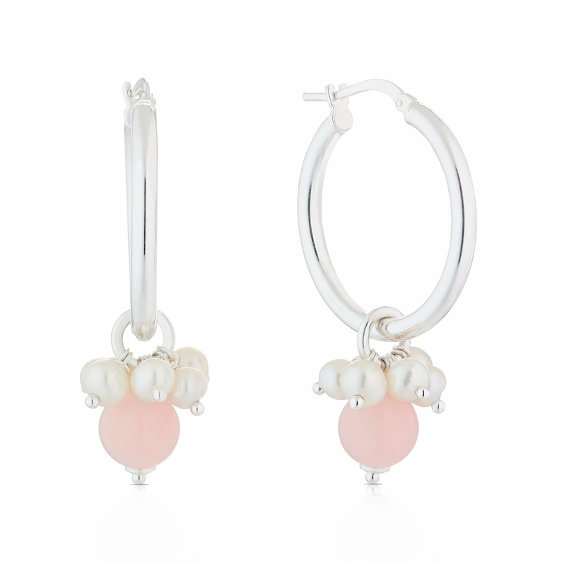 Sterling Silver Freshwater Pearl & Pink Agate Cluster Drop Earrings