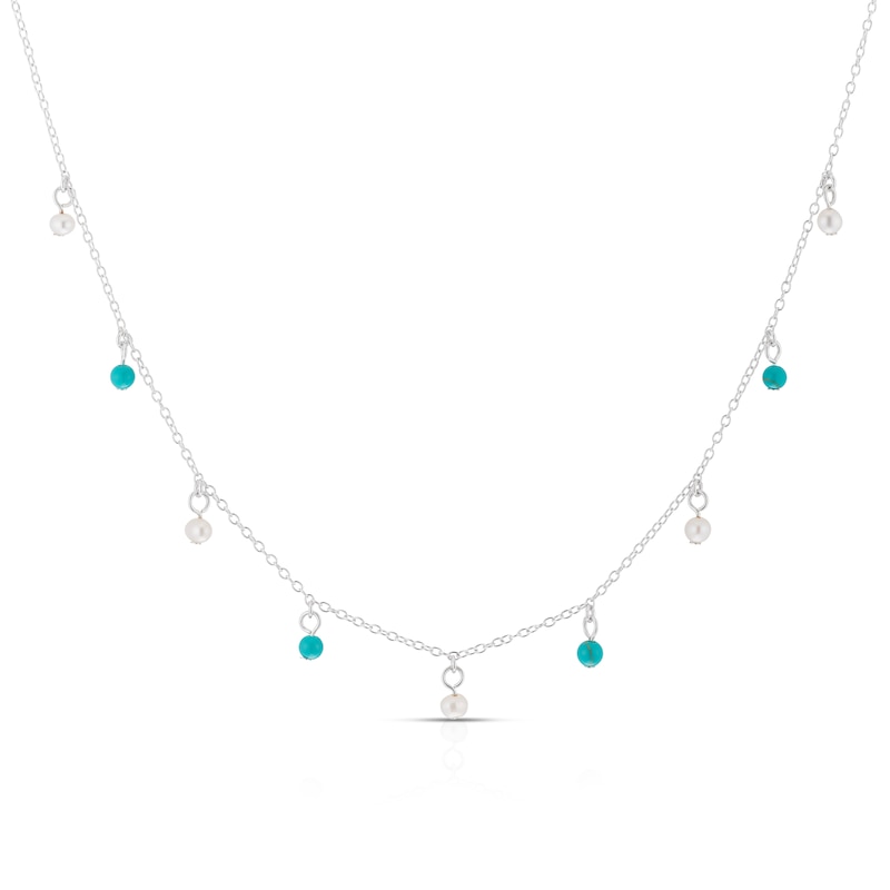 Main Image 1 of Sterling Silver Pearl & Turquoise Coloured Beaded Station Drop 16+2 Inch Necklace