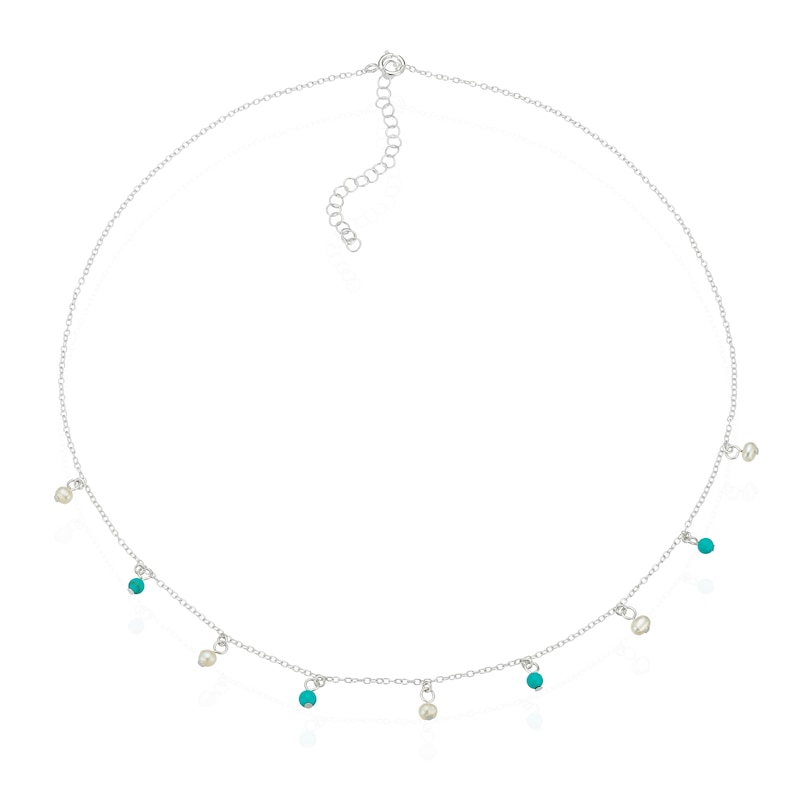 Main Image 2 of Sterling Silver Pearl & Turquoise Coloured Beaded Station Drop 16+2 Inch Necklace