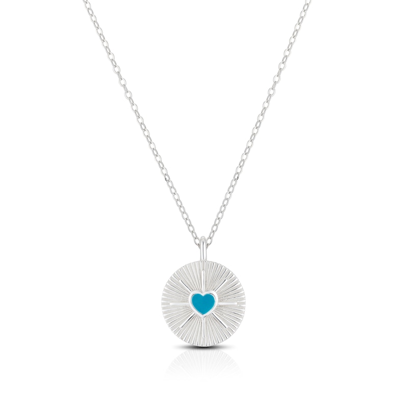 Main Image 1 of Sterling Silver Sunburst Disc & Turquoise Coloured Heart Pendant 16+2 Inch Necklace