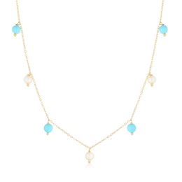 9ct Yellow Gold Pearl & Turquoise Coloured Stone Drop Pendant 18" Necklace