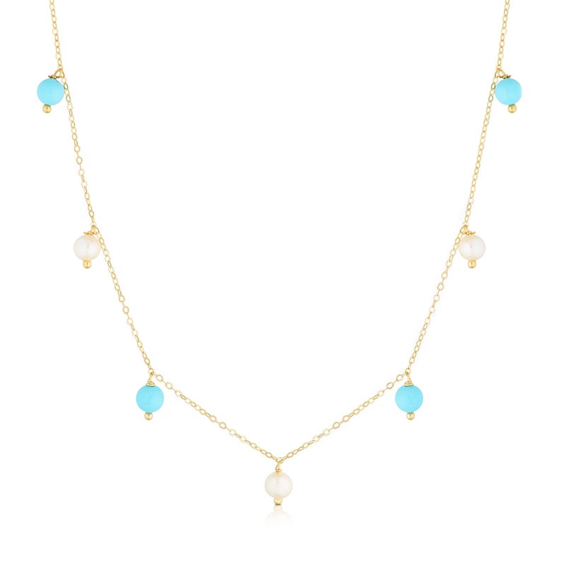 9ct Yellow Gold Pearl & Turquoise Coloured Stone Drop Pendant 18 Inch Necklace
