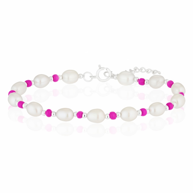 Main Image 1 of Sterling Silver Freshwater Pearl & Pink Beaded 7+1 Inch Bracelet