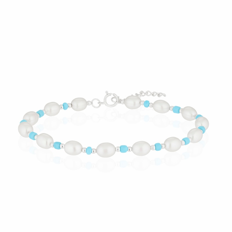 Main Image 1 of Sterling Silver Freshwater Pearl & Blue Beaded 7+1 Inch Bracelet