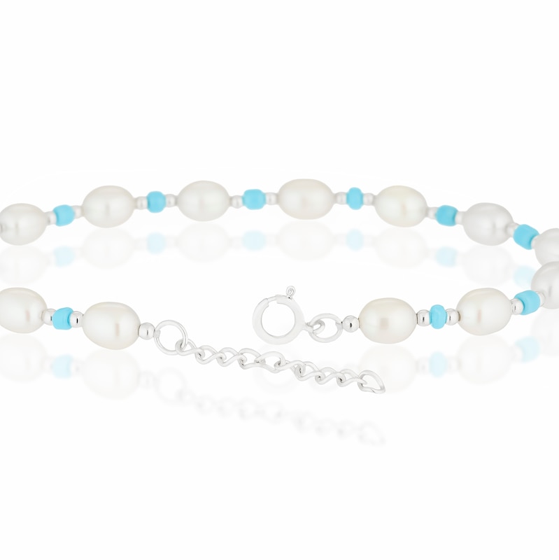 Main Image 3 of Sterling Silver Freshwater Pearl & Blue Beaded 7+1 Inch Bracelet