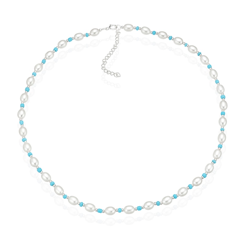 Main Image 2 of Sterling Silver Freshwater Pearl & Blue Beaded 17+2 Inch Necklace