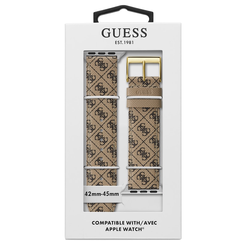 Guess Tan Logo Pattern Leather Apple Watch Strap- 42-44mm