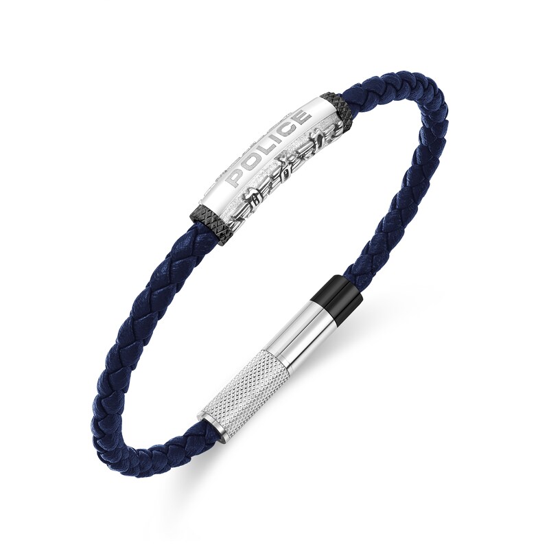 Main Image 1 of Police Warren Men's Stainless Steel Wing Logo Navy Leather Bracelet