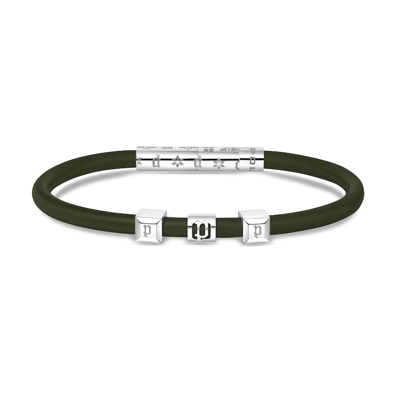 Main Image 2 of Police Flake Men's Stainless Steel & Green Leather Bracelet