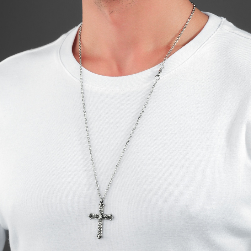 Main Image 4 of Police Whiz Antique Men's Stainless Steel Crystal Cross Pendant Necklace