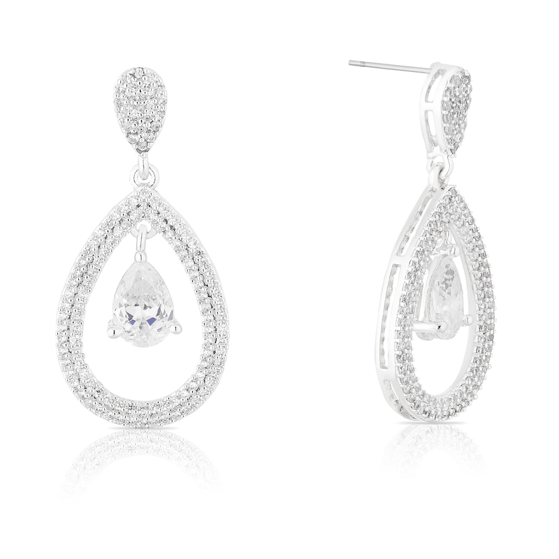 Main Image 1 of Silver Plated Cubic Zirconia Teardrop Halo Drop Earrings