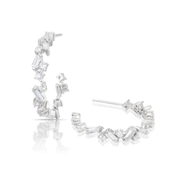 Emmy London Platinum Plated Sterling Silver Round & Baguette Cubic Zirconia Cluster Slim Hoop Earrings