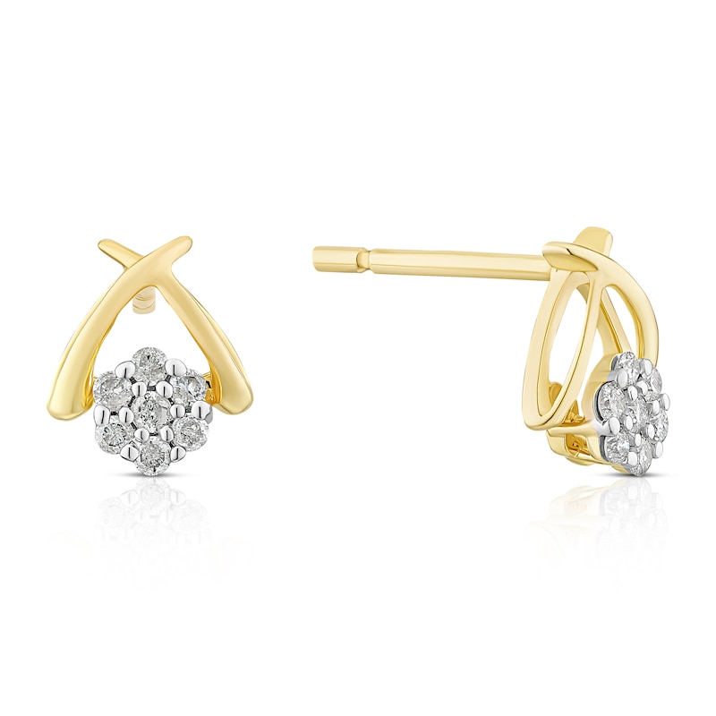 Main Image 1 of 9ct Yellow Gold 0.10ct Diamond Cluster Kiss Stud Earrings