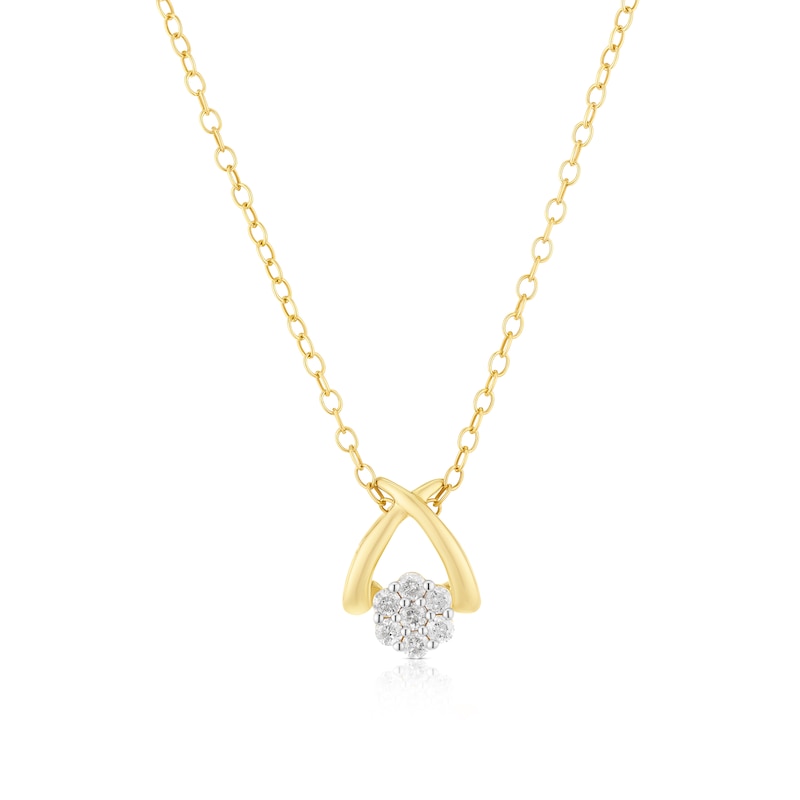 Main Image 1 of 9ct Yellow Gold 0.10ct Diamond Cross Cluster Pendant Necklace