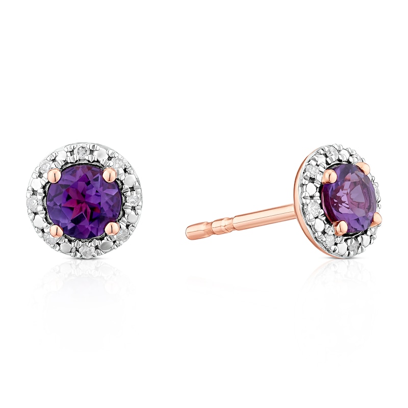 Main Image 1 of 9ct Rose Gold Amethyst & Diamond Stud Earrings