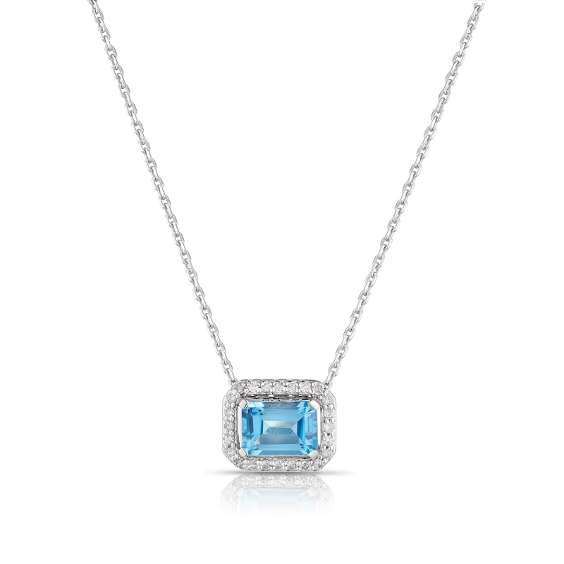 Main Image 1 of Sterling Silver 0.12ct Diamond & Blue Topaz Emeral Cut Pendant Necklace