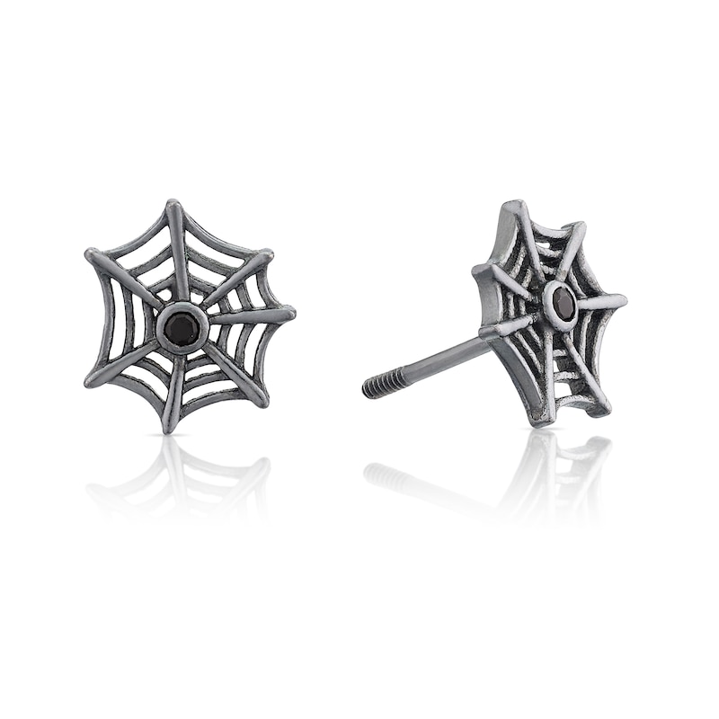 Main Image 1 of Sterling Silver Halloween Black Plated Cubic Zirconia Spider Web Stud Earrings