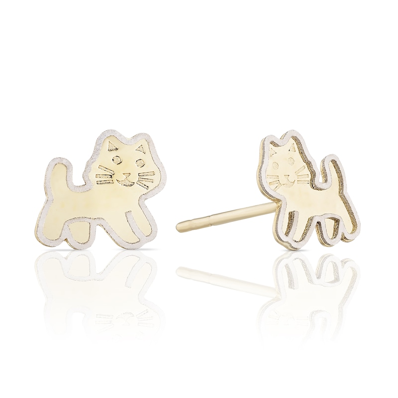 Main Image 1 of Children's 9ct Two Colour Gold Standing Cat Stud Earrings