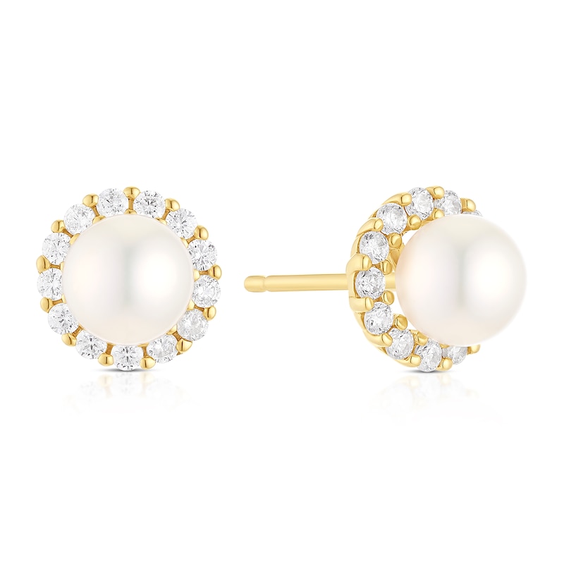 Main Image 1 of 9ct Yellow Gold Pearl & Cubic Zirconia Halo Stud Earrings